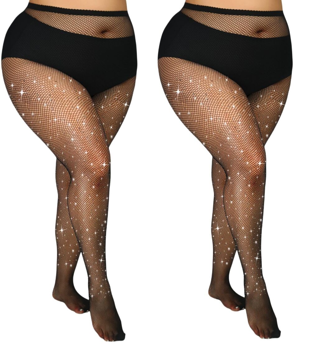 2054 Plus Size Fishnet Tights Sparkle Stockings Glitter Pantyhose High
